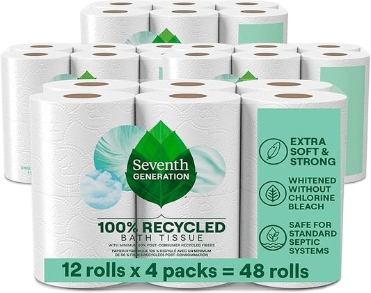 Seventh Generation Toilet Paper Recycled Bath Tissue 4-Pack 100% Recycled Paper 2-ply without Chlorine Bleach 12 Rolls