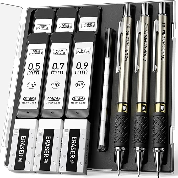 Four Candies Metal Mechanical Pencil Set - 3PCS 0.5 & 0.7 & 0.9 mm Art Pencils & 360PCS HB Lead Refills & 3PCS Erasers & 9PCS Eraser Refills, for Drawing, Writing, Sketching, Drafting - With Case