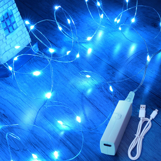 Lakumu LED String Lights, Rechargeable Battery Operated, Mini Twinkle Fairy Lights, 16FT Blue, Silver Plated Copper Wire, Model LH-CD-DC-001