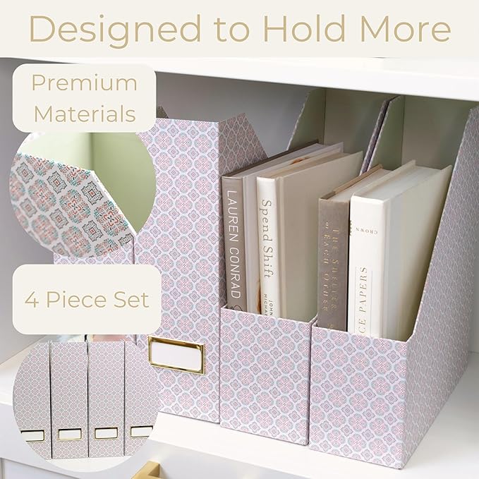 BLU MONACO Foldable Magazine File Holder Set of 4 with Moroccan Tile Design – Decorative Cardboard Magazine Organizer for Home, Office & Dorm Room – Stylish Magazine Storage Solution