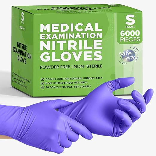 SafeWay Nitrile Disposable Gloves — Multi-Purpose Powder-Free, Non-Latex, Medical Use, and Textured Fingertips for Food Prep, Cleaning, Tattoo, Nursing, Lab, Examination, & More — (6000 pcs, Small)