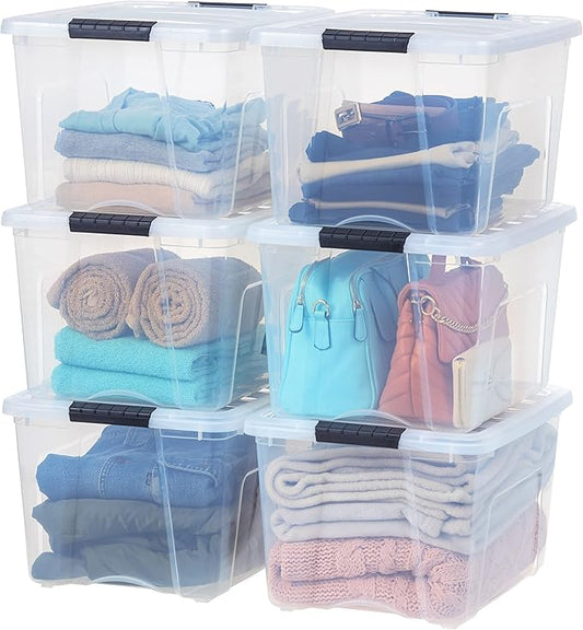 IRIS USA 40 Qt Stackable Plastic Storage Bins with Lids, 6 Pack - BPA-Free, Made in USA - See-Through Organizing Solution, Latches, Durable Nestable Containers, Secure Pull Handle - Clear