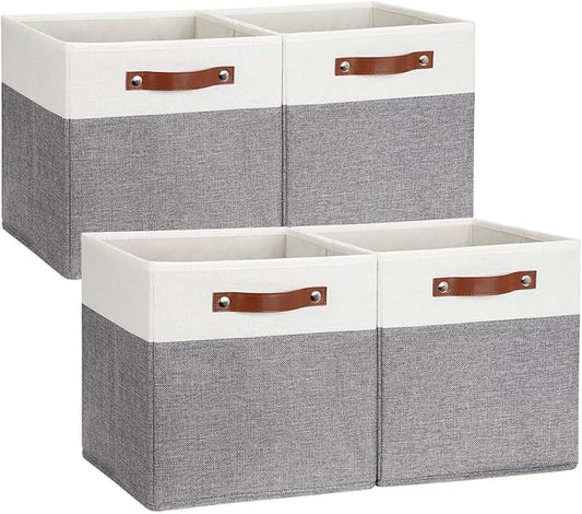 DULLEMELO Storage Cubes 12 inch, Collapsible Sturdy Cube Storage Bins With Handles for Organizing,Fabric Storage Baskets for Shelves Nursery Closet Home Organization and Storage (White&Grey-4 Pack)