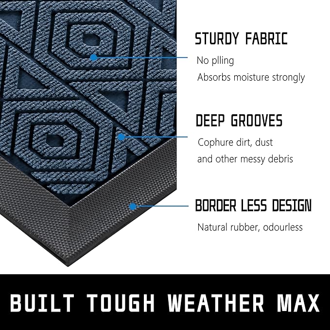 Yimobra Door Mat, Outdoor Indoor Entrance Welcome Mat, Heavy Entry Front Door Mat, Stain & Fade Resistant, Low Profile, Sturdy Rubber, Easy Clean Patio Floor Mat, Waterproof, 60 x 36,Blue