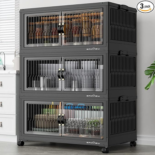 BROVIEW 360Qt Stackable Storage Bins with 3 Lids, Extra Large Closet Organizer Collapsible Drawer Boxes with Wheels, Folding Plastic Cabinet Containers for Home Kitchen Room Organization, 3Pack Black