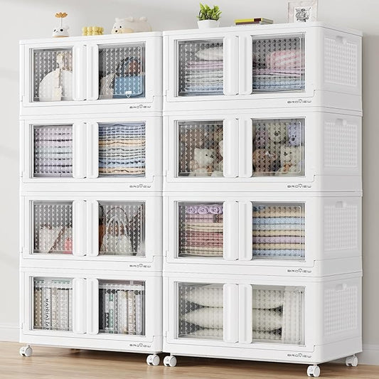 BROVIEW 160Gal Stackable Storage Bins with Lids & Wheels, 640Qt Plastic Collapsible Closet Organizer and Storage Drawers, Storage Boxes Cabinets for Home, Office, 8 Pack, White