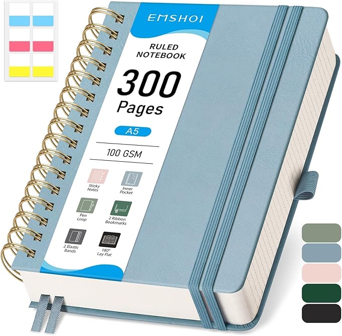 EMSHOI A5 College Ruled Spiral Notebook - 300 Numbered Pages, PU Hardcover Leather Journal with 100 GSM Thick Lined Paper for Work, Writing, Note-Taking, 5.7”x8.22” Portable Size, Gray Blue