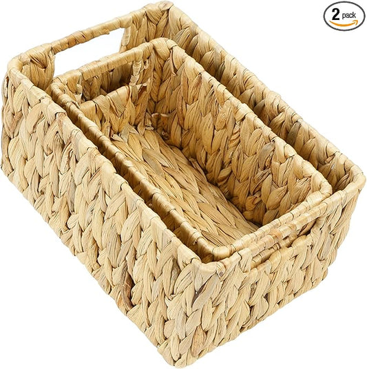 HOONEX Water Hyacinth Storage Baskets, Wicker Baskets for Storage, Hand Woven Baskets with Carry Handles, Set of 2, Natural