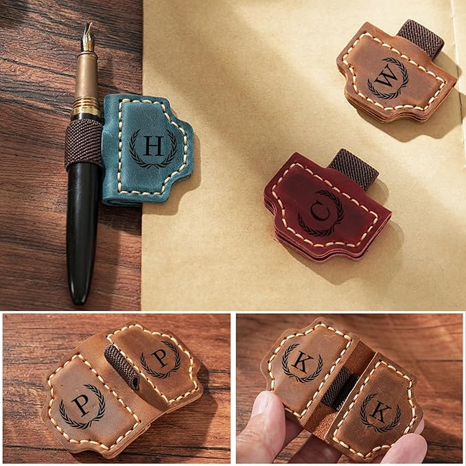 Artlaza Personalized Magnetic Leather Bookmark with Pen Holder - 26 Letters Custom Book Mark with Name Initial Engraved Book Marker for Readers, Book Lovers, Travelers - Gift for Women & Men(Blue，D