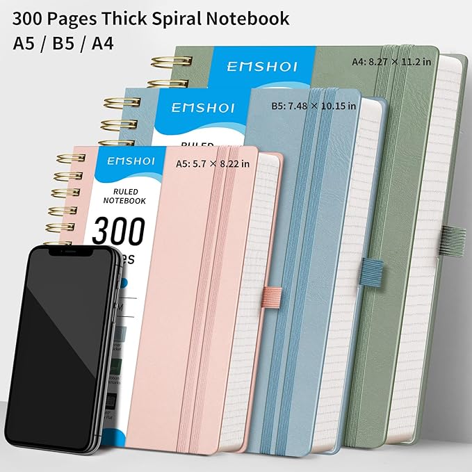 EMSHOI Spiral Notebook College Ruled, 300 Numbered Pages, A4 Large Hardcover Leather, 100 GSM Thick Lined Journal for Women Men Work Writing Journaling Note Taking, 8.27" x 11.2", Light Green