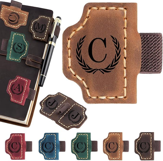 Personalized Magnetic Leather Bookmark with Pen Holder - 26 Letters Custom Book Mark with Name Initial Engraved Book Marker for Readers, Book Lovers, Travelers - Gift for Women & Men(Light Brown，C