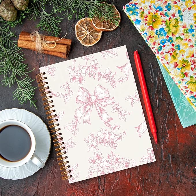 JXREQ Pink Bow Floral Chinoiserie Notebook Journal for Women Note Taking Writing Bible Notes, Coquette Aesthetic Office School Supplies, Girly Spiral Notebooks 5.5x8.3