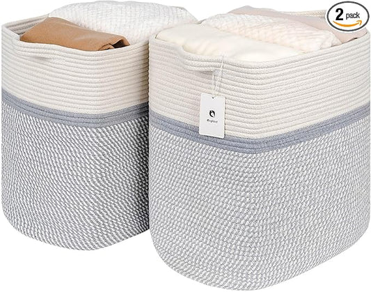 Storage Baskets for Clothes Fabric Cotton Rope Storage Basket with Handles, Decorative Woven Basket for Living Room,Closet Organizer Blankets, and 2bags (White/Gray, L14×W11×H14)