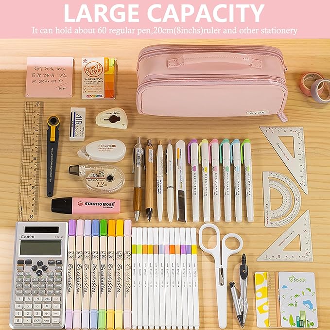 MAMUNU Pencil Case Large Capacity with 3 Compartments, Pencil Case Pouch Bag with Zipper Handle Portable Pen Stationery Organizer for Teen Girls Adults College School Office Travel, Pink