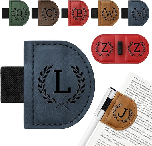 Personalized Bygone Mark Bookmark with Pen Holder,Engraving Leather Magnetic Bookmarks Vintage 26 Letters Name Initials Text Book Marker Clips Gifts for Reading Book Lovers Women (Blue, L)
