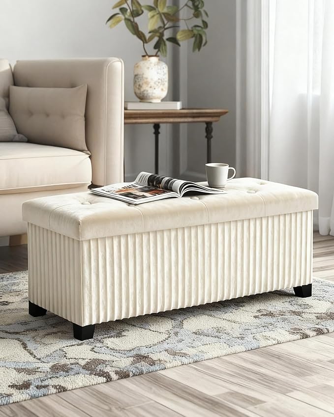 Storage Ottoman Bench, 43 Inch Foldable Ottoman with Legs, Velvet Foot Rest Stool, End of Bed Bench, Storage Chest for Living Room, Bedroom (Beige)