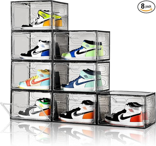 New Gray 8 Pack Shoe Boxes Stackable, Large Shoe Storage Organizer with Lids,Drop Side Shoe Containers for Entryway,Sneaker Storage Fit up to US Size 13 for Men/Women(13’’x 10.6”x 8.3”)