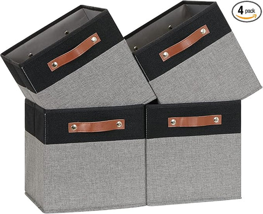 Temary 11 x 11 Cube Storage Bins Fabric Storage Cubes for Shelf, Closet, 4 Pack Cube Basket for Clothes, Storage Cube Bins with Leather Handles(Black&Grey)