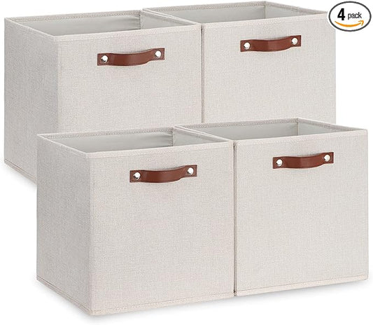 Temary Fabric Storage Cubes Storage Bins with Dual Leather Handles, 4 Pack Cube Baskets 13x13 Foldable Cube Organizers for Shelves, Home, Office, Nursery