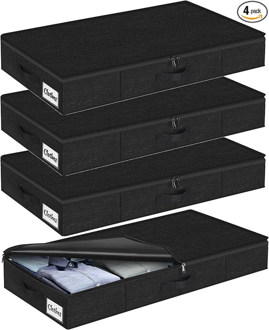 Under Bed Storage Container Bin 4 Pack, 4.5 Inch Slim Low Profile Underbed Clothes Storage Organizer for Dorm & Home, Use for Blanket and Toy Storage Box W/ Sturdy Bottom/Sides, Foldable Thick Fabric