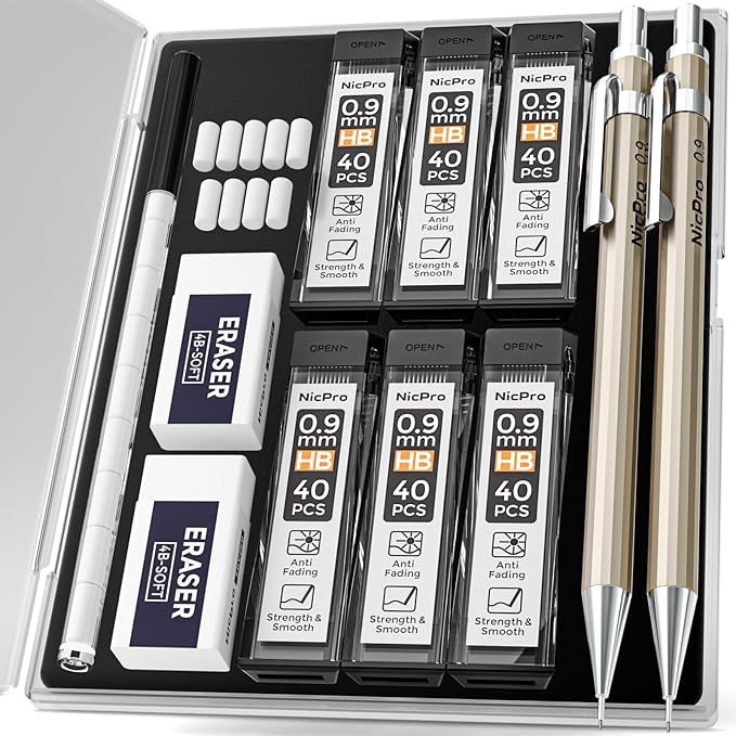 Nicpro 2 PCS 0.9 mm Metal Mechanical Pencils Set, Drafting Pencil for Artist Writing, Sketching, Drawing, with 4 Tubes HB Lead Refill & Erasers, Erasers Refills & Storage Case