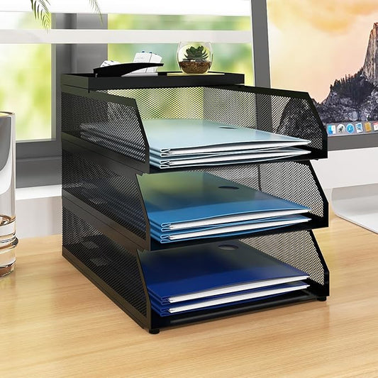 Natwind 3-Tier Stackable Paper Tray, Metal Mesh Desktop Organizer, Paper Sorter, Letter Trays,File Document Storage Rack for for Home, Office, School (Black)