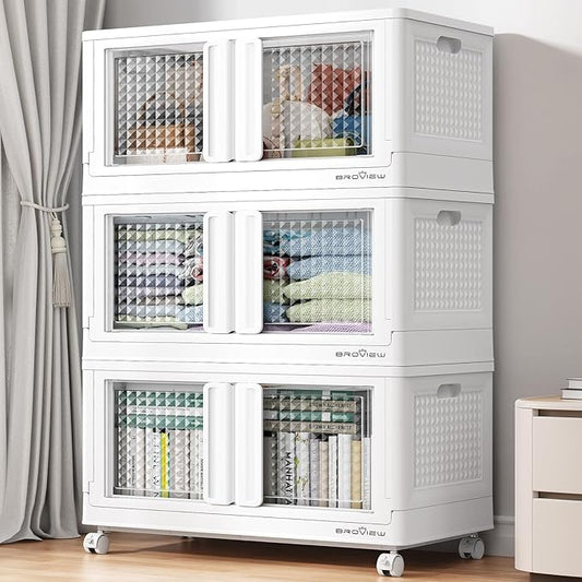 BROVIEW 300 Qt Stackable Storage Bins with Lids & Doors, 3 Pack Plastic Closet Organizer and Storages Drawers with Wheels, Large Collapsible Storage Boxes, Cabinet for Home, Office, V10, White