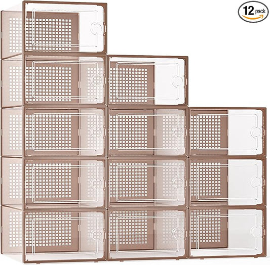 Kuject X-Large Shoe Storage Boxes Organizers for Closet 12 Pack, Fit Size 11,Clear Plastic Stackable Sneaker Containers for Entryway, Space Saving Shoe Rack,Substitute for Drawer Organize Unit, Brown