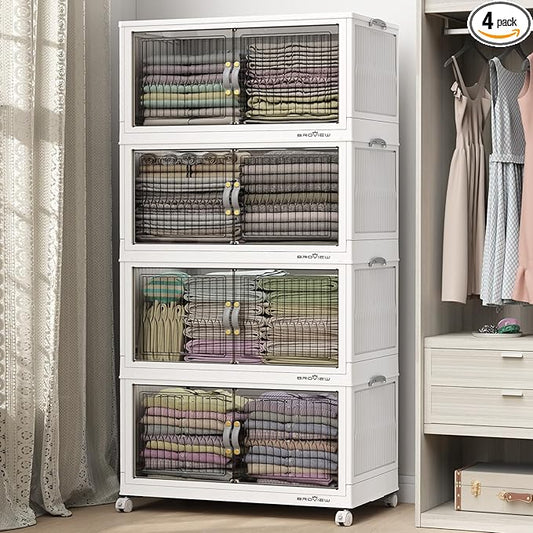 BROVIEW 480Qt Stackable Storage Bins with Lid, Extra Large Closet Organizer Collapsible Drawer Boxes with Wheels, Folding Plastic Cabinet Containers for Home Kitchen Room Organization, 4Pack White