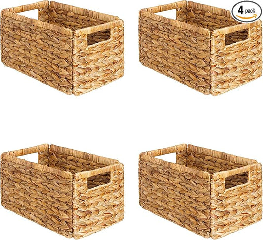 SpaceAid 4 Pack Wicker Basket, Storage Baskets for Organizing, Woven Rattan Basket with Handles for Shelves, Water Hyacinth Large Cube Organizer Storage Bin, 13x8.2x7 inch, Natural