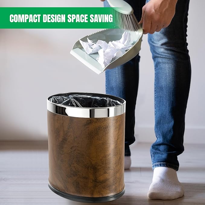 Invisi-Overlap' Open Top Leatherette Trash Can, Small Office Wastebasket, Modern Home Décor, Oval Shape (Brown)