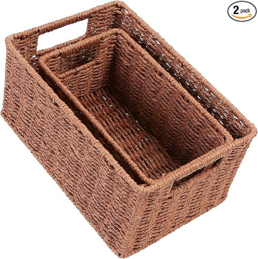 HOONEX Woven Baskets for Storage, Paper Rope Baskets with Sturdy Metal Wire Frame, Baskets for Shelves, Set of 2, Dark Brown
