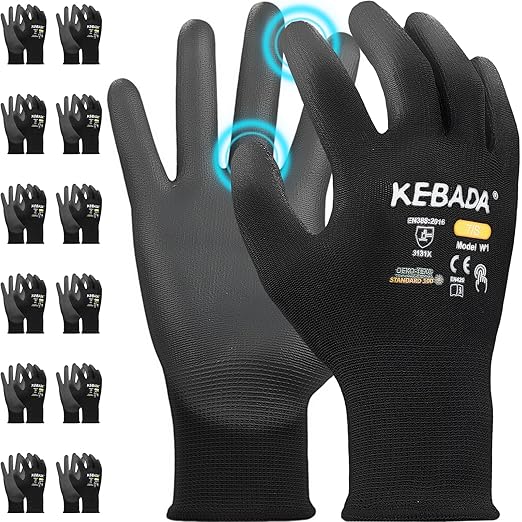 Kebada W1 Work Gloves for Men and Women, PU Coated Safety Gloves with Grip, Touchscreen, Ideal for Warehouse Package Handling, Construction, Gardening, Black X-Large