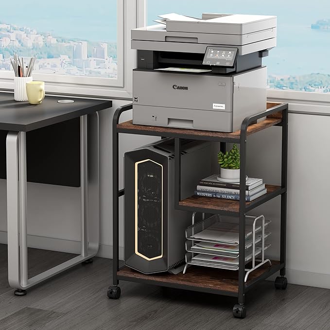 22 x 18 Inch Large Printer Stand, Mobile Printer Table with Wheels for Home Office Storage and Organization, PC Tower Stand, Host Computer Cart, Shelf for Desktop CPU Shredder - Rustic Brown
