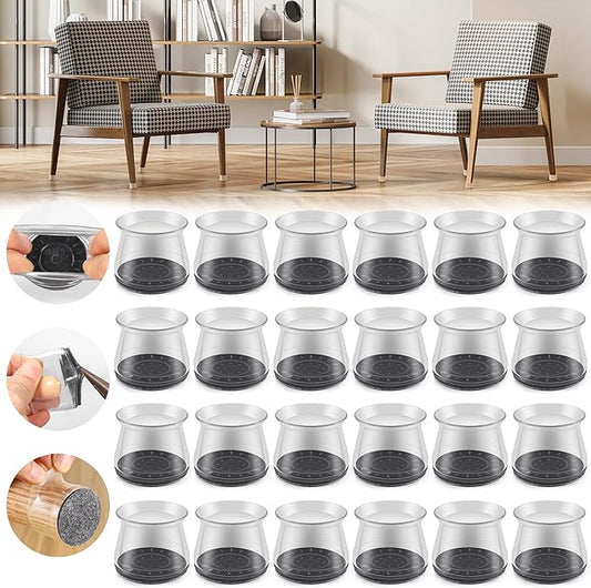 24PCS Upgraded Silicone Chair Leg Floor Protectors for Hardwood Floors, Furniture Sliders for Chair Legs, Felt Bottom Furniture Pads, Anti-Slip Round&Square Cap Covers to Scratch and Reduce Noise