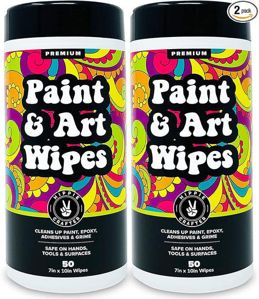 Paint and Art Wipes, Heavy-Duty Cleaner for Paint, Epoxy, Glue, Latex & Acrylic Stains, 2 Pack (50 Wipes Each), Safe for Hands, Brushes, Plastic, Metal, Wood & Floors