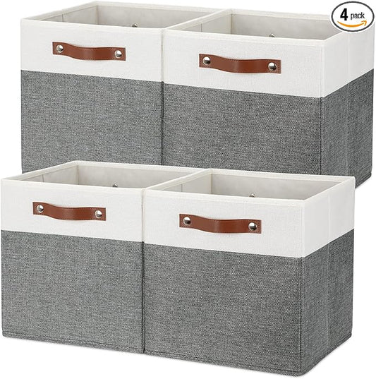 Temary Storage Cubes 12ﾗ12 Fabric Cube Storage Bins Foldable Storage Baskets with Handles, Decorative Storage Boxes for Organizing, Home, Office, Nursery, Shelf, Closet (White & Grey, 12 x 12 x 12)