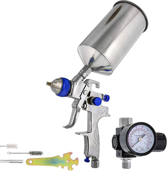 TCP Global Professional HVLP Spray Gun 1.5mm - Gravity Feed Auto Paint Gun Kit for Basecoat, Clearcoat, Primer - Spray Guns Paint Sprayer with Air Compressor Regulator (G6600-13)