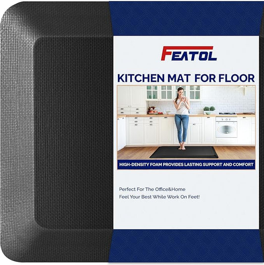 FEATOL Anti Fatigue Mat for Kitchen Floor – 9/10 Extra Thick Cushioned Standing Desk Mat Memory Foam, Ergonomic Floor Padded Comfort at Home, Kitchen, Office, Garage – NOT PVC (20" x 39", Black)