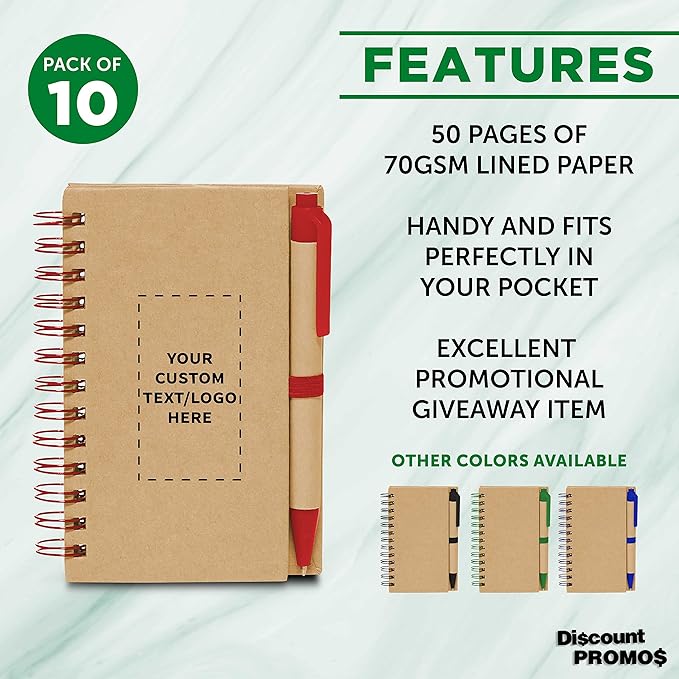 Custom Mini Spiral Notebooks with Black Ink Pens Set of 10, Personalized Bulk Pack - Perfect for School, Office, Business, Home - Red