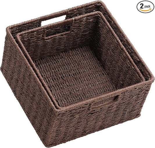 HOONEX Storage Baskets for Organizing, Decorative Round Paper Rope Woven Baskets for Storage with Carrying Handles, Set of 2, Dark Brown