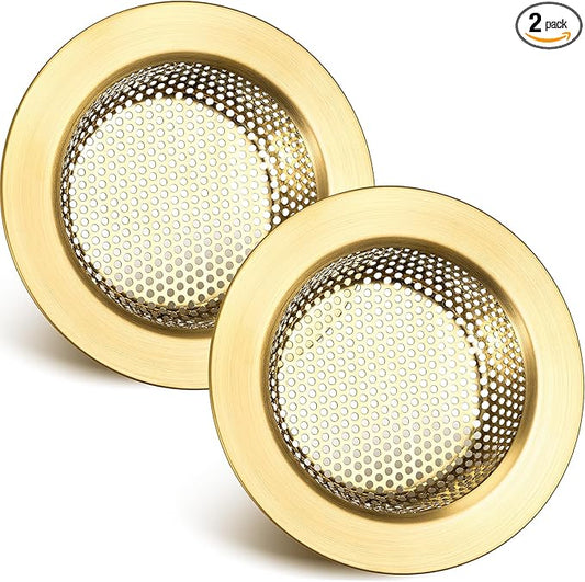 Retisee 2 Pcs Sink Strainer Stainless Steel Kitchen Sink Drain Strainer Basket Cover Mesh Hair Food Catcher, Large Wide Rim of 4.4 Diameter(Brushed Gold)