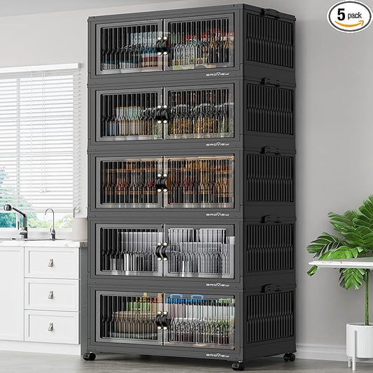 BROVIEW 600Qt Stackable Storage Bins with 5 Lids, Extra Large Closet Organizer Collapsible Drawer Boxes with Wheels, Folding Plastic Cabinet Containers for Home Kitchen Room Organization, 5Pack Black