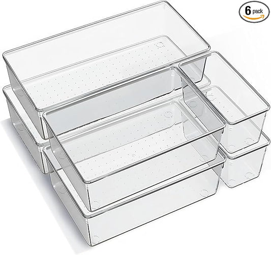 6 Pack Large Clear Plastic Drawer Organizer Trays – Non-Slip Storage Bins for Kitchen Utensils, Makeup, Jewelry, Bathroom, and Office Desk – Multi-Use Plastic Drawer Dividers for Home Organization