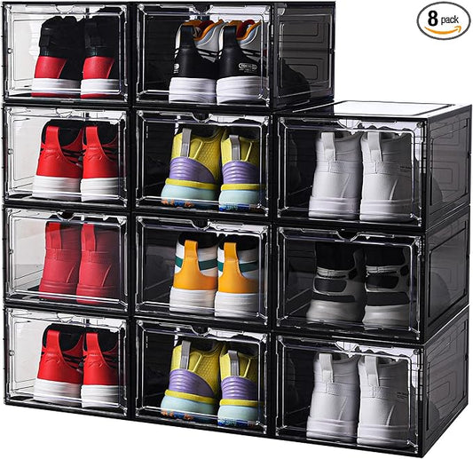 8 Pack Shoe Boxes Clear Plastic Stackable, Drop Front Shoe Storage Organizer for Closet, Sneaker Storage with Magnetic Door, Shoe Display Containers Fit US Size 12(13.4”x 10.6”x 7.5”) Black