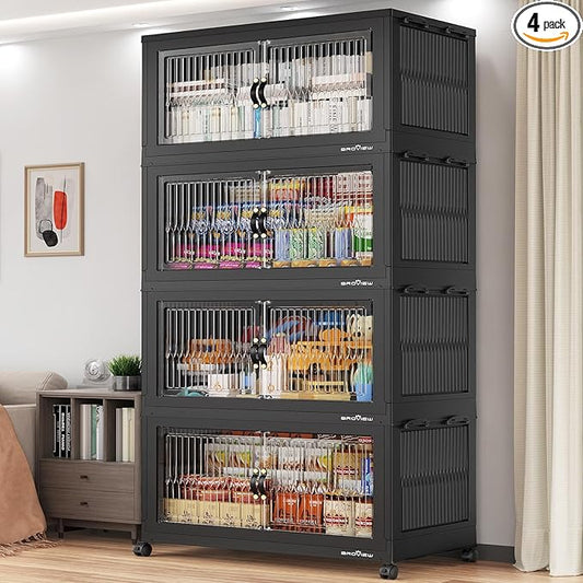 BROVIEW 800Qt Extra Large Stackable Storage Bins with Lid, Closet Organizer Collapsible Drawer Boxes with Wheels, Folding Plastic Cabinet Containers for Home Kitchen Room Organization, 4Pack Black