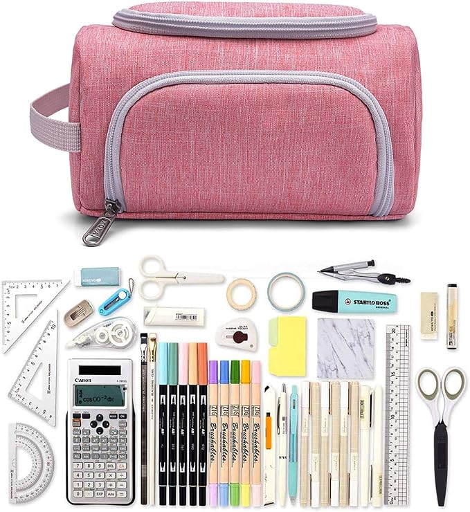 XQXA Extra Large Capacity Pencil Case Organizer, Multifunctional Pencil Pouch with Compartmens, Travel Simple Stationery Bag, Nylon Pencil Bag for Adults (Pink)