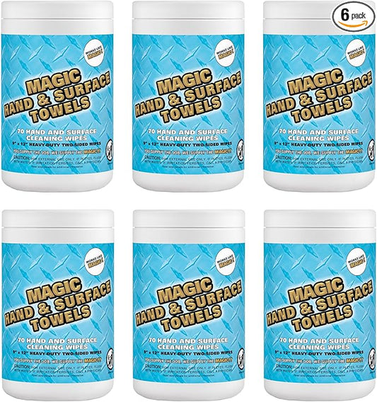 Magic Heavy Duty Cleaning Wipes - Dual Sided Hand & Surface Shop Towels | Professional-grade Cleaning | Waterless | Moisturizing | Cleans Grease, Oil, Dirt, & more (6 Pack | 420 Sheets Total)