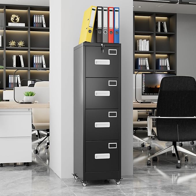 Aobabo 56" H 4 Drawer Moblie File Cabinet with Lock, Metal File Cabinet for Home Office with Wheels, Storage Legal/Letter A4 Size, Black, Assembly Required