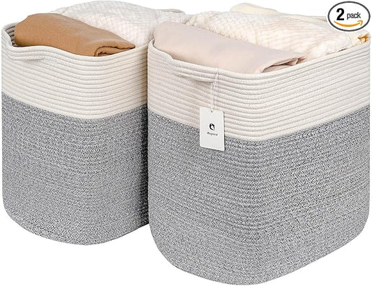 Storage Baskets for Clothes Fabric Cotton Rope Storage Basket with Handles, Decorative Woven Basket for Living Room,Closet Organizer Blankets, and 2bags (Silver Gray, L17.8×W12.5×H17.9)